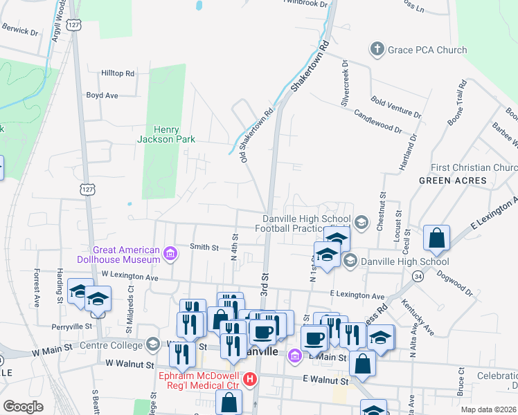 map of restaurants, bars, coffee shops, grocery stores, and more near 607 Old Shakertown Road in Danville