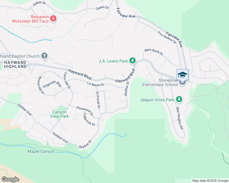 map of restaurants, bars, coffee shops, grocery stores, and more near 3649 La Mesa Drive in Hayward