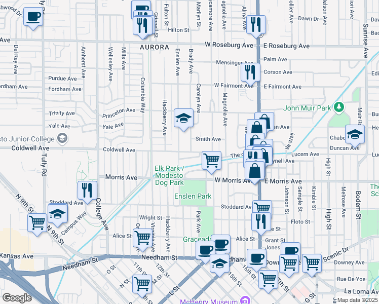 map of restaurants, bars, coffee shops, grocery stores, and more near 515 Coldwell Avenue in Modesto