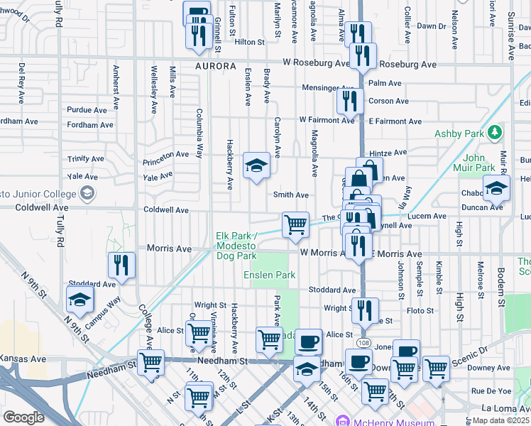 map of restaurants, bars, coffee shops, grocery stores, and more near 423 Coldwell Avenue in Modesto