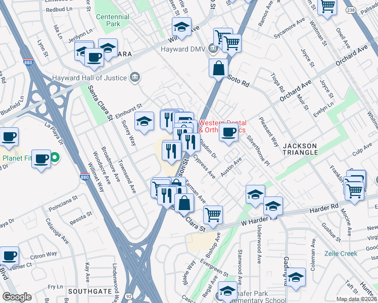 map of restaurants, bars, coffee shops, grocery stores, and more near 199 Jackson Street in Hayward