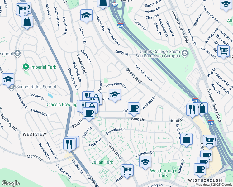 map of restaurants, bars, coffee shops, grocery stores, and more near 200 Warwick Street in Daly City