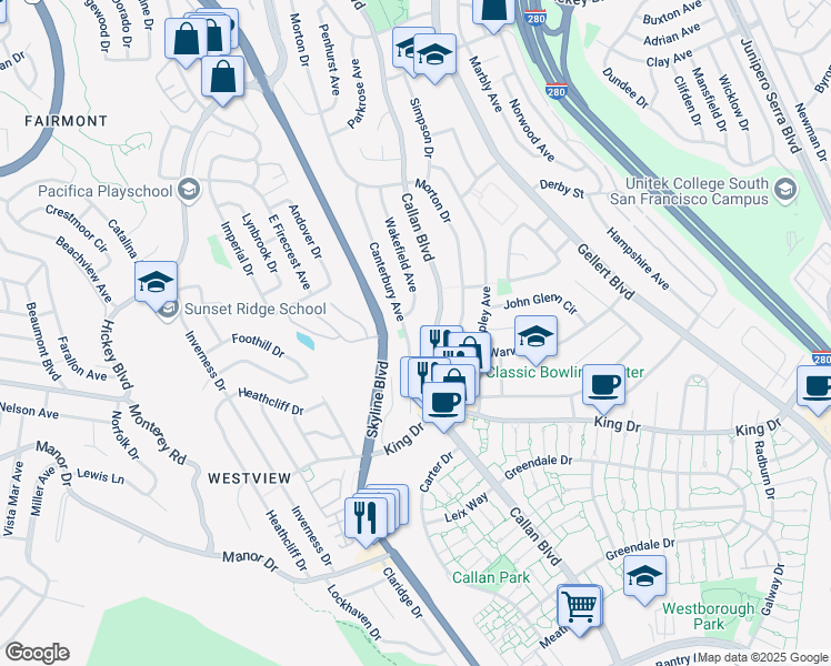 map of restaurants, bars, coffee shops, grocery stores, and more near 116 Canterbury Avenue in Daly City