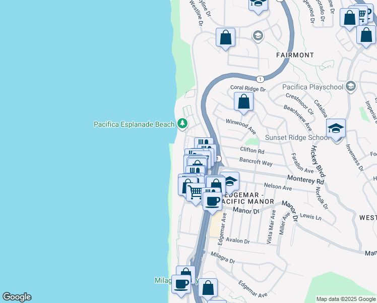 map of restaurants, bars, coffee shops, grocery stores, and more near 330 Esplanade Avenue in Pacifica