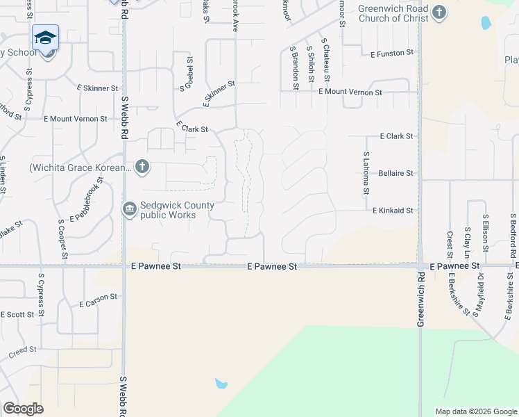 map of restaurants, bars, coffee shops, grocery stores, and more near 2026 South Cranbrook Court in Wichita