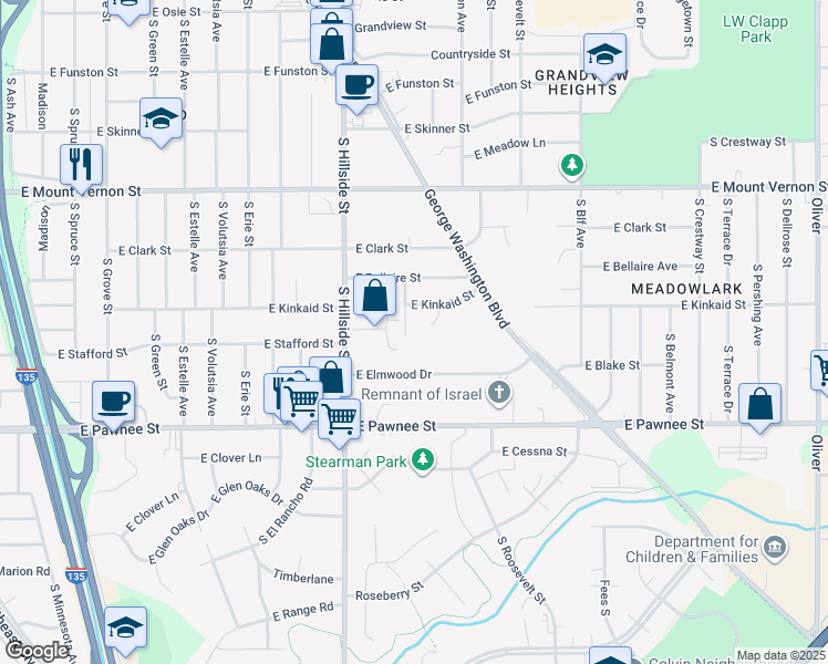 map of restaurants, bars, coffee shops, grocery stores, and more near 2224 South Rutan Street in Wichita