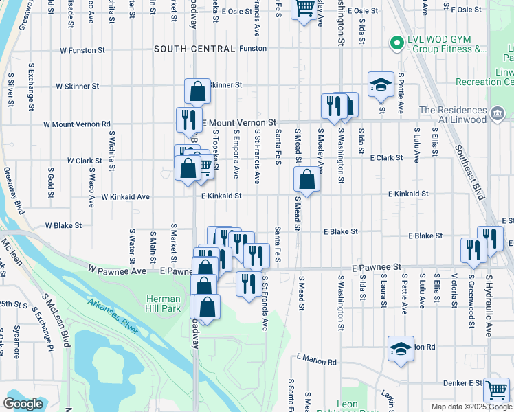 map of restaurants, bars, coffee shops, grocery stores, and more near 2211 North Saint Francis in Wichita