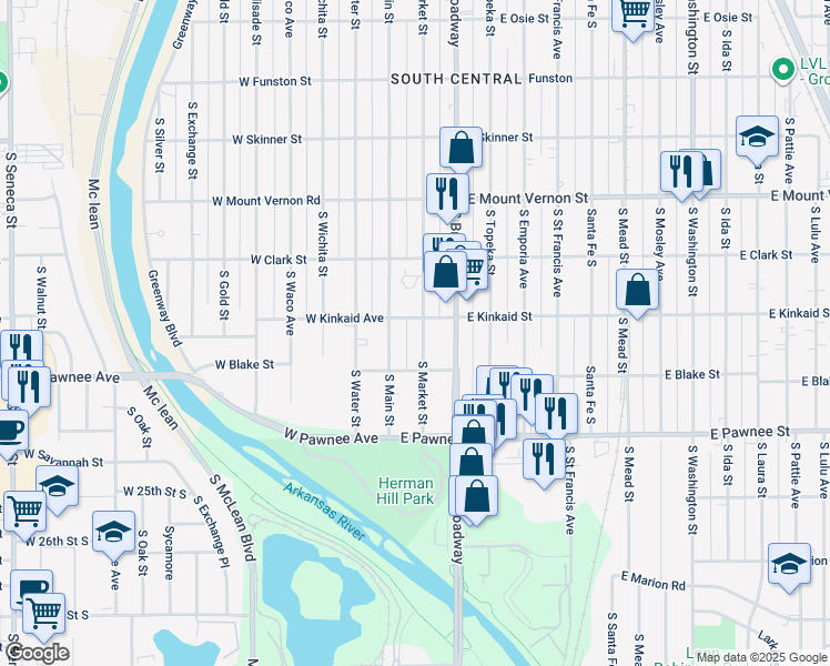map of restaurants, bars, coffee shops, grocery stores, and more near 2206 South Market Street in Wichita