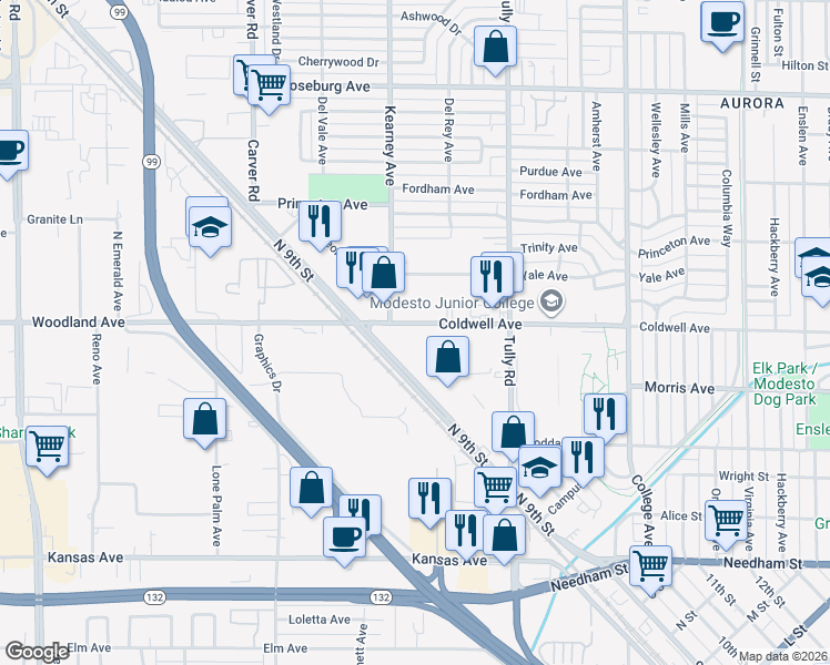 map of restaurants, bars, coffee shops, grocery stores, and more near 1420 Coldwell Avenue in Modesto