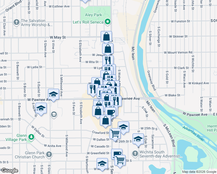 map of restaurants, bars, coffee shops, grocery stores, and more near 2325 South Seneca Street in Wichita