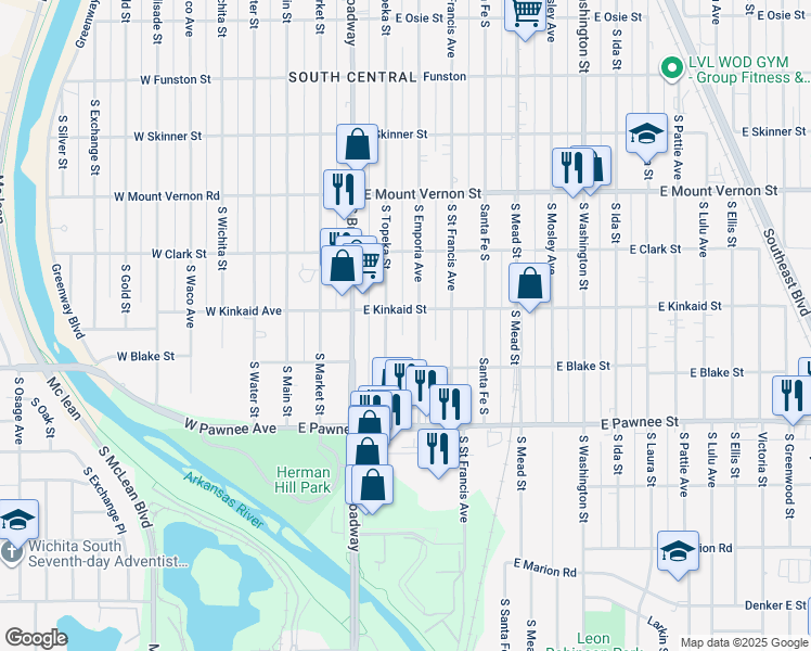 map of restaurants, bars, coffee shops, grocery stores, and more near 2211 South Emporia Street in Wichita