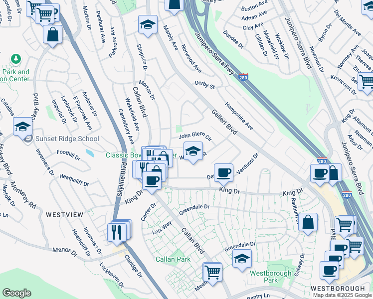 map of restaurants, bars, coffee shops, grocery stores, and more near 55 Nelson Court in Daly City