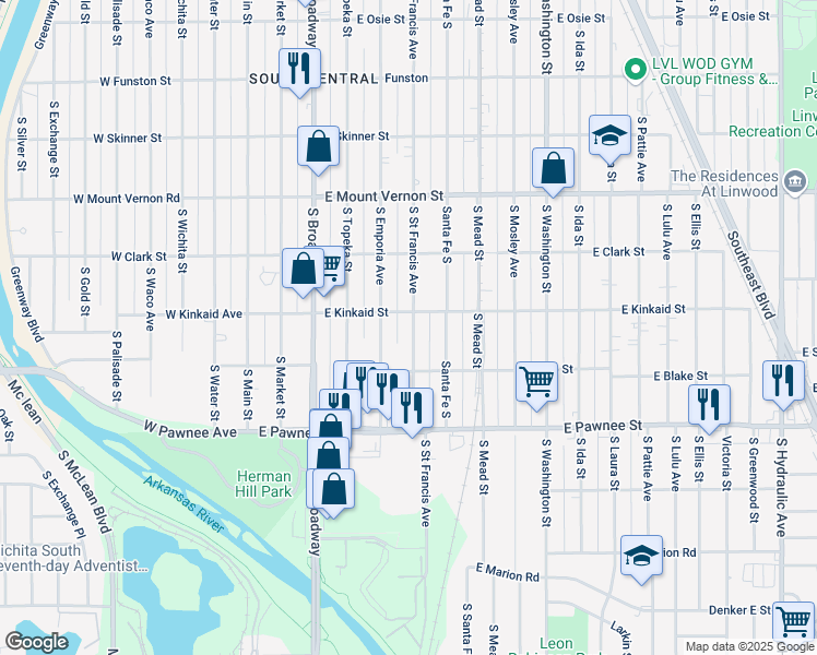 map of restaurants, bars, coffee shops, grocery stores, and more near 2211 North Saint Francis in Wichita