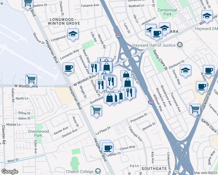 map of restaurants, bars, coffee shops, grocery stores, and more near 24333 Southland Dr in Hayward