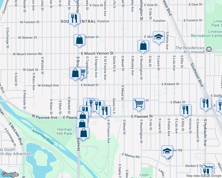map of restaurants, bars, coffee shops, grocery stores, and more near 2211 Santa Fe South in Wichita