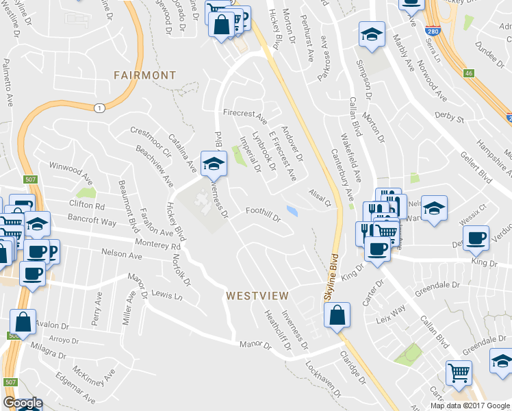 map of restaurants, bars, coffee shops, grocery stores, and more near 627 Foothill Drive in Pacifica