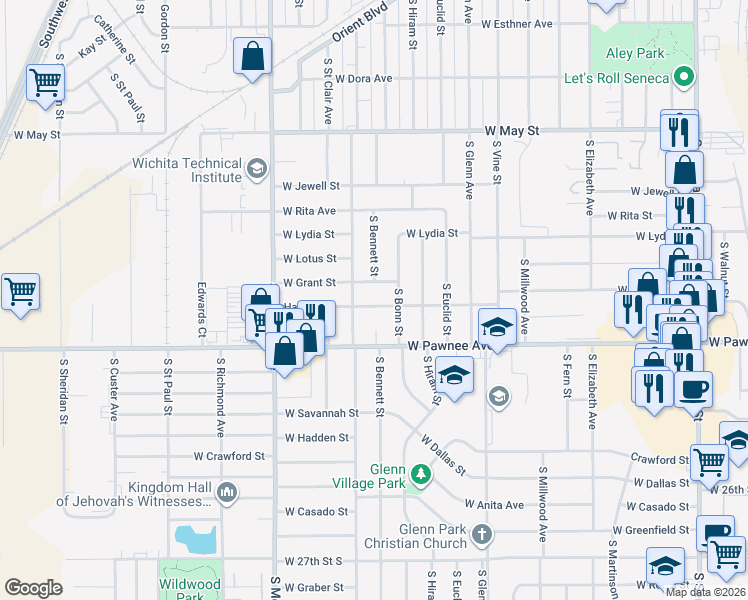 map of restaurants, bars, coffee shops, grocery stores, and more near 2128 Haskell Street in Wichita