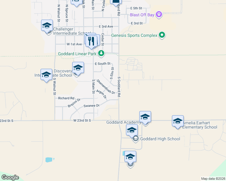 map of restaurants, bars, coffee shops, grocery stores, and more near 28 Shenandoah Dr in Goddard