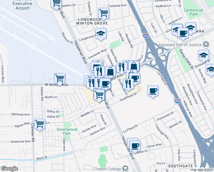 map of restaurants, bars, coffee shops, grocery stores, and more near 24065 Wright Drive in Hayward
