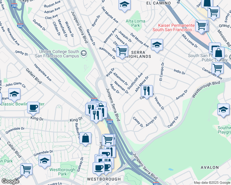 map of restaurants, bars, coffee shops, grocery stores, and more near 339 Arbor Drive in South San Francisco