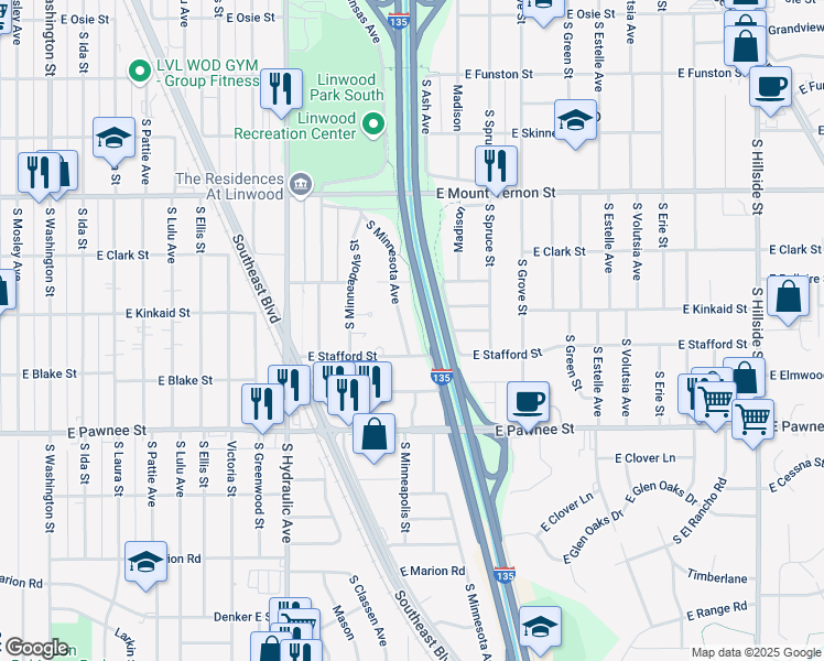 map of restaurants, bars, coffee shops, grocery stores, and more near 2200-2298 South Minnesota Street in Wichita