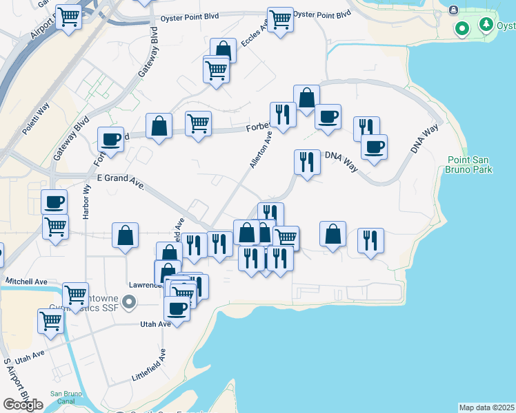 map of restaurants, bars, coffee shops, grocery stores, and more near 380 DNA Way in South San Francisco