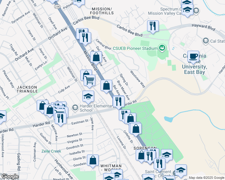 map of restaurants, bars, coffee shops, grocery stores, and more near 25870 Mission Boulevard in Hayward