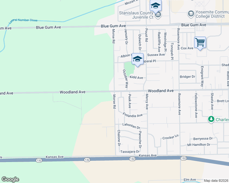 map of restaurants, bars, coffee shops, grocery stores, and more near Woodland Ave & Morse Rd in Modesto