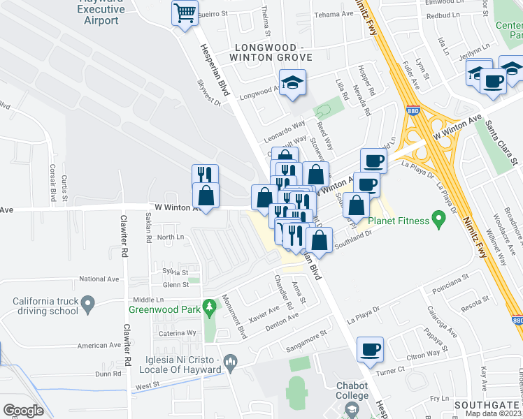 map of restaurants, bars, coffee shops, grocery stores, and more near 24011 Hesperian Boulevard in Hayward