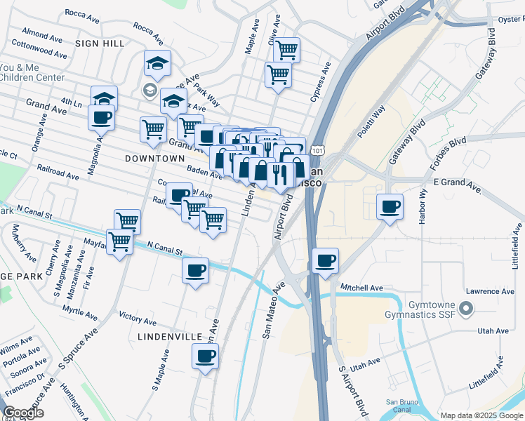 map of restaurants, bars, coffee shops, grocery stores, and more near 200 Village Way in South San Francisco