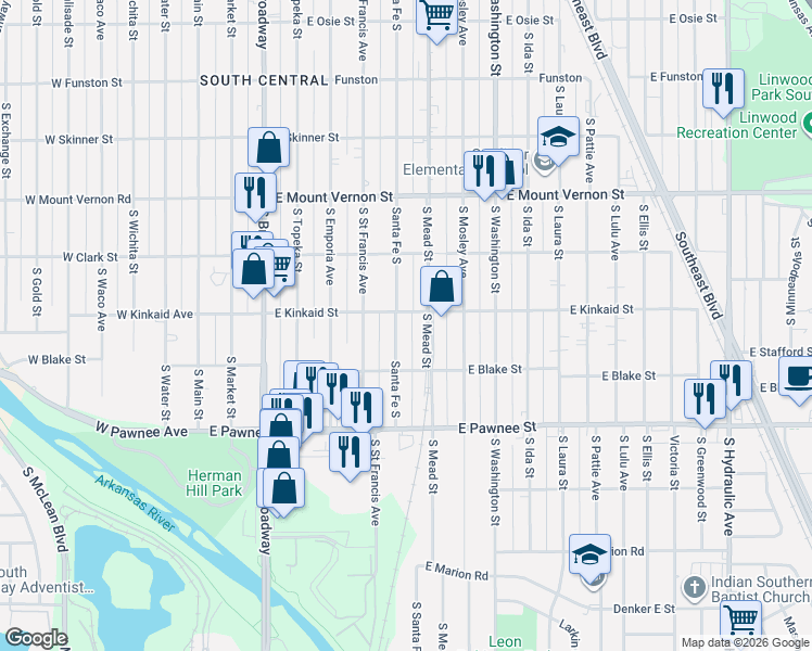 map of restaurants, bars, coffee shops, grocery stores, and more near 2211 Santa Fe South in Wichita