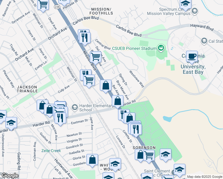 map of restaurants, bars, coffee shops, grocery stores, and more near 25870 Mission Boulevard in Hayward