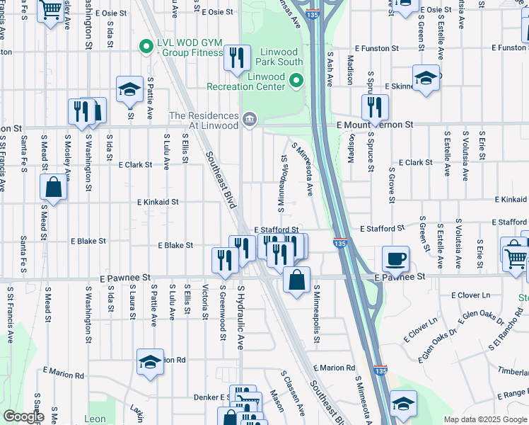 map of restaurants, bars, coffee shops, grocery stores, and more near 2248 South Kansas Avenue in Wichita