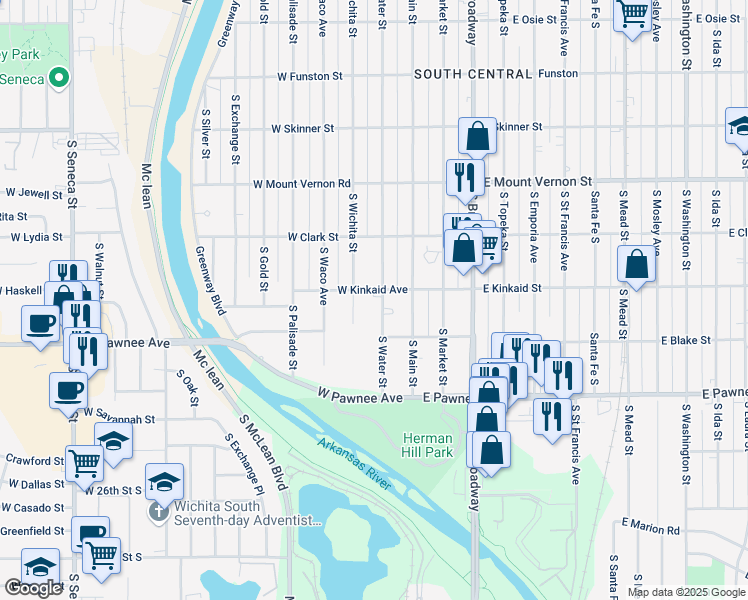 map of restaurants, bars, coffee shops, grocery stores, and more near 2207 South Water Street in Wichita