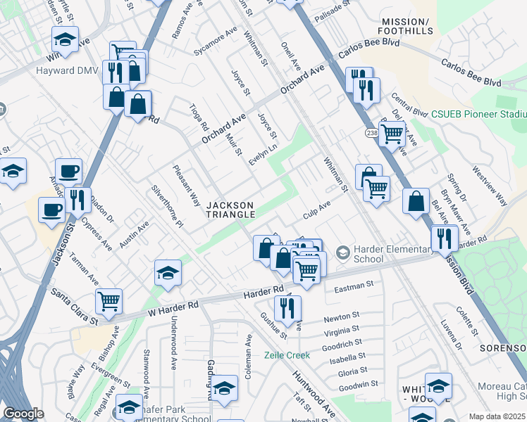 map of restaurants, bars, coffee shops, grocery stores, and more near 25330 Soto Road in Hayward