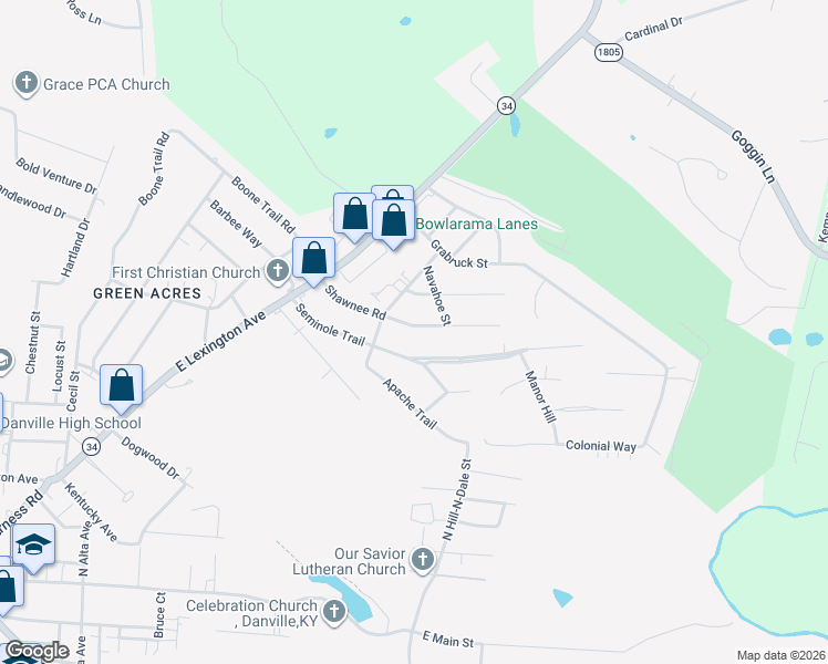 map of restaurants, bars, coffee shops, grocery stores, and more near 608 Shawnee Road in Danville