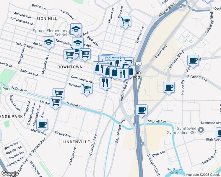 map of restaurants, bars, coffee shops, grocery stores, and more near 200 Village Way in South San Francisco