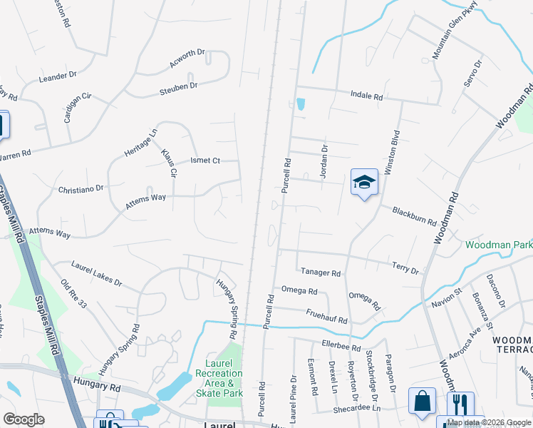 map of restaurants, bars, coffee shops, grocery stores, and more near 10154 Purcell Road in Richmond