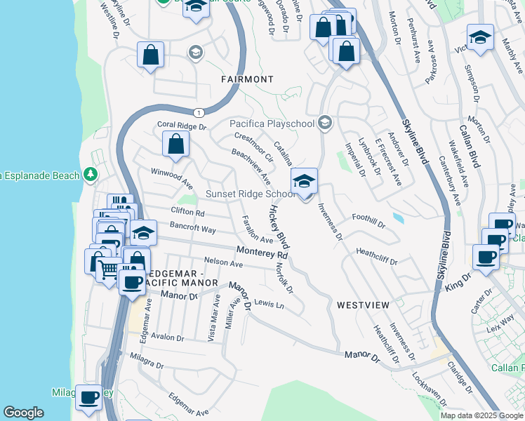 map of restaurants, bars, coffee shops, grocery stores, and more near 278 Beachview Avenue in Pacifica