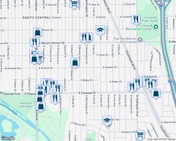 map of restaurants, bars, coffee shops, grocery stores, and more near 2212 South Washington Avenue in Wichita