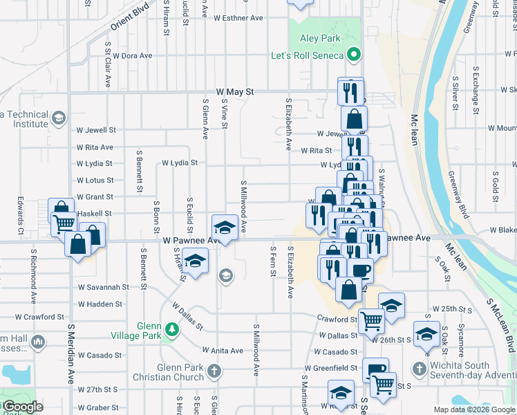 map of restaurants, bars, coffee shops, grocery stores, and more near 1609 West Haskell Street in Wichita