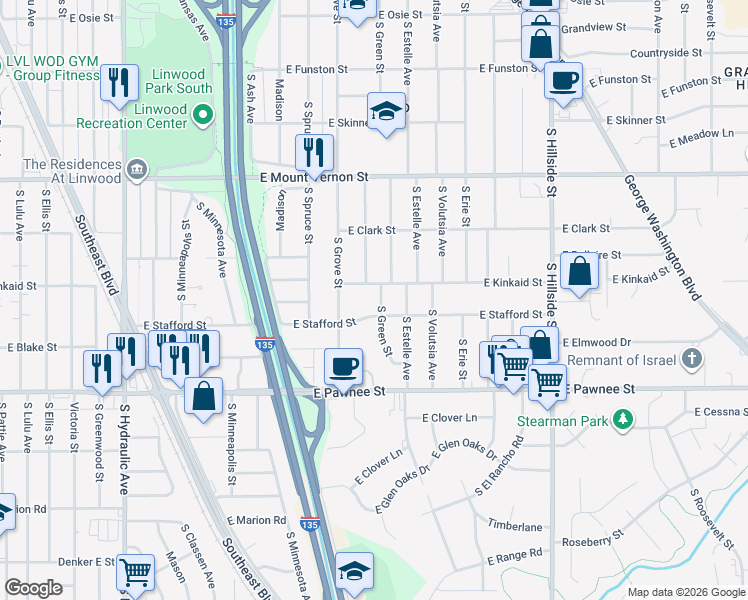 map of restaurants, bars, coffee shops, grocery stores, and more near 2215 South Green Street in Wichita