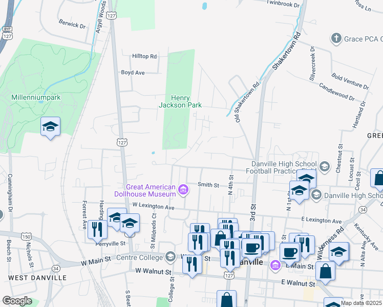 map of restaurants, bars, coffee shops, grocery stores, and more near 105 Holladay Drive in Danville