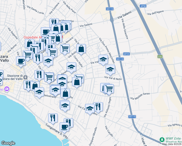 map of restaurants, bars, coffee shops, grocery stores, and more near 14 Via Libano in Mazara del Vallo
