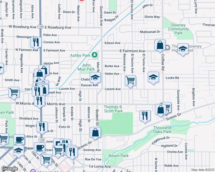 map of restaurants, bars, coffee shops, grocery stores, and more near 606 Auburn Street in Modesto