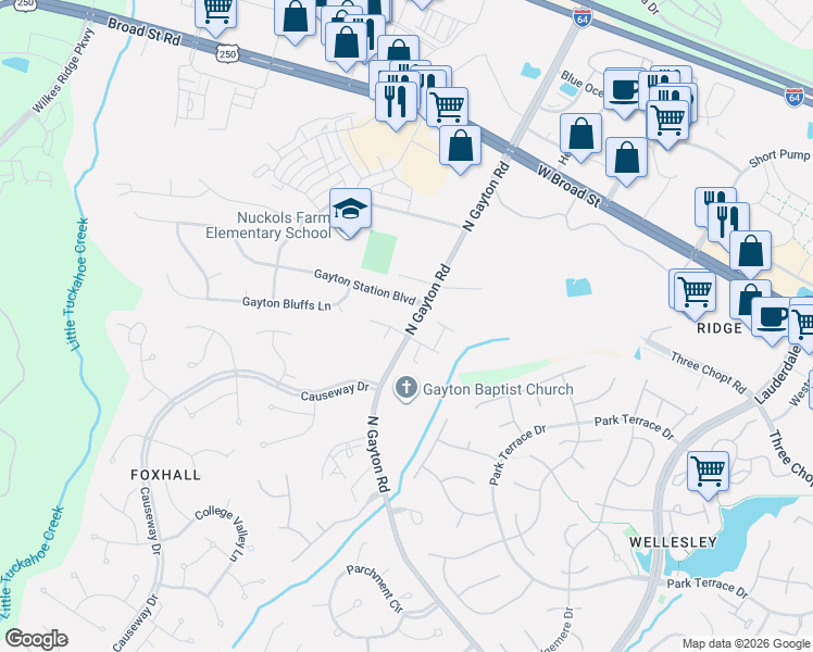 map of restaurants, bars, coffee shops, grocery stores, and more near 12100 Gayton Manor Pl in Richmond