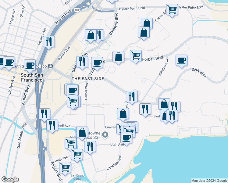 map of restaurants, bars, coffee shops, grocery stores, and more near 250 East Grand Avenue in South San Francisco