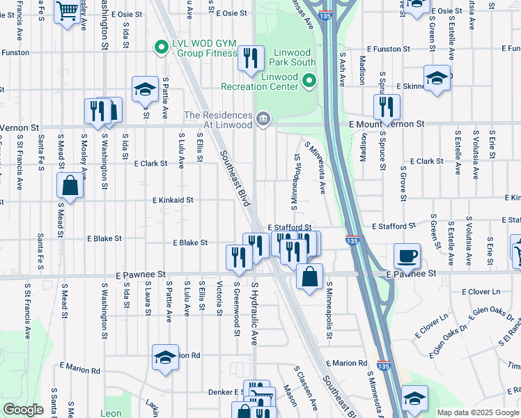 map of restaurants, bars, coffee shops, grocery stores, and more near 2246 South Hydraulic Avenue in Wichita