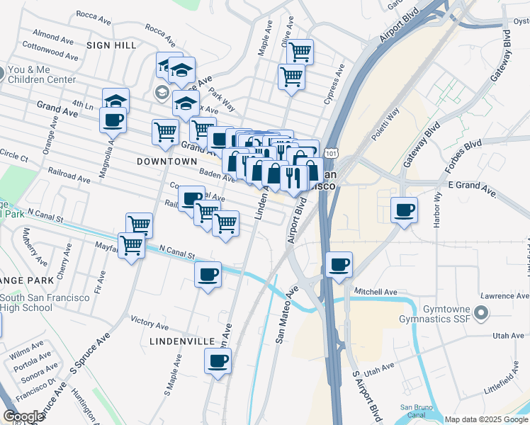 map of restaurants, bars, coffee shops, grocery stores, and more near 200 Village Way in South San Francisco
