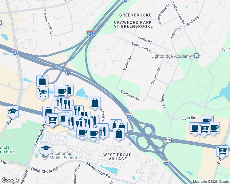map of restaurants, bars, coffee shops, grocery stores, and more near 11581 Edinburgh Road in Glen Allen